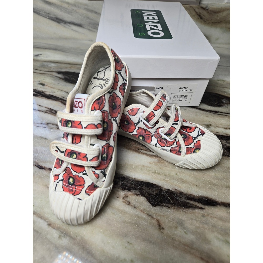 Kenzo Kids Poppy Print Canvas Sneakers Red White hook loop Straps  EU 32‎ US 1.5